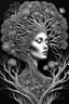 Placeholder: abstract illustration of a fractal inspired driftwood sculpture of a beautiful lady, dark and dry branches, harmony, holding a dandelion, intricately detailed, beautypunk, black and white, closed eyes, etheral, the smell of the hope, Style: isometric