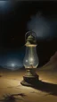 Placeholder: oil painting by Alan Lee of a kerosene lamp standing on desert, at dark night