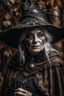 Placeholder: Old pale skinned Witchery Witch ready for the Coven in rusty autumn leaves and silver cobwebs. with burnished browns and abyss black.