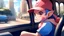 Placeholder: High quality medium shot of Mew sitting in a minivan, city, baseball cap, pokemon, cute