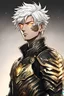 Placeholder: Simple Anime Style drawing, 39 year old Adult Male, Short Messy White Hair, Glowing golden eyes, Black tribal tattoo, black and gold armor