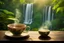 Placeholder: steaming tea in a beautiful china cup on a wooden table, rainforest and a waterfall in the distance in sunshine, ethereal, cinematic postprocessing, bokeh, dof