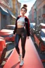 Placeholder: full body ,young woman with clear eyes, messy bun hair, bouncing looking back, soft velvet red/black two piece printed outfit, morning sun, cute, full body, ultra realistic, a variety of small details in the background, hyper realistic, surprised, sweet smile, 8k, HDR, 500px, by Koos Roos