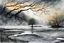 Placeholder: Illustration of a lonely dark tree with barren branches stands on a water's edge, , fog, crows in the sky, hypercontrast, strong colors, timelessness and dying, mystical landscape, pencil drawing