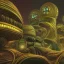 Placeholder: biomorphic alien city with lighting, foto-realistic,TG, 8k, art by HR Gigerand M.C. Escher.