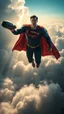 Placeholder: Superman holding a nuke bomb flying above swirling clouds, emerges from the heart of a raging storm. Turbulent winds of steam swirl around the louds lit by shafts of sunlight that cast dramatic shadows on the strong body High quality 16k cinematic scene and great photography