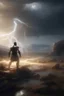 Placeholder: Ultra-realistic, unreal engine, technical concept drawing, god lightning land on a battle ground, the landscape is barren and there is streak of lightning flowing from his body to the sky, his fist is touching the ground and electric energy is flowing from his body, above him you can see an opening the sky