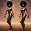 Placeholder: Biologically Female sexy African American Twins, black skin, tall and slender, long afro kinky hair,big brown eyes, long eyelashes warrior wear. Big butts. Gold accents on clothing. Surround by trees. Holding golden spears. Starry night