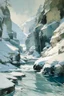 Placeholder: A cyan snow covered gorge near a frozen fjord designed in Heidrun manuscripts painted by John Singer Sargent