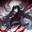 Placeholder: Clear focus, High resolution, rough line sketch art, long black hair, hair between eyes, fluffy hair, purple eyes, wearing a black and red sailor uniform, dark aura, mad, holding katana, bloody mess