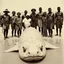 Placeholder: 1930's photography of European explorers posing with African natives on a beach, giant eely sea creature washed up on beach in front of them