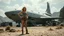 Placeholder: A skinny 50-year-old woman standing, hands on hips, in brown shorts, a shirt, and boots, standing next to a large, sleek cargo spaceship, sitting in a clearing, in a derelict alien town with clumps of fungi.