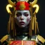 Placeholder: Spanish woman, rounded face, blood, black, red, gold, samurai helmet, decorative color feathers, retro, bamboo, leather, soft color, highly detailed, art stations, concept art, smooth, unreal engine 5, god rays, ray tracing, RTX, lumen lighting, ultra detail, volumetric lighting, 3d, finely drawn, high definition, high resolution.