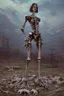 Placeholder: a bone yard with a tall android woman standing at the top of a pile of bones