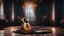 Placeholder: Hyper Realistic extremely-fancy-guitar standing on a floor of a fancy castle lounge with beautiful windows & velvet-curtains-with-musical-notes-printed-on-curtain at dark night with dramatic-&-cinematic-ambiance