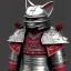 Placeholder: Modélisme trois dimensions, chat, anthropomorphique, habillé comme un samurai, armure très détaillé, armure rouge, armure argent