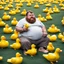 Placeholder: A fat, furry man is sitting in a field of yellow plastic ducks, eating an ice cream cone.