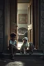 Placeholder: A black one years old boy and a white two years old boy ,both petting a small dog , sitting on the door steps of the an old paints cracked dirty abandoned house door , behind the open door there is an old woman-furniture , insanely detailed octane render trending on artstation, 8k artistic photography, photorealistic concept art, soft natural volumetric cinematic perfect light, chiaroscuro, award-winning photograph, masterpieces, oil on canvas, Raphael, Caravaggio, Greg Rutkowski, people