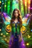 Placeholder: Gorgeous Photography Beautiful butterfly girl with shiny brown flowing hair, glitter colorful butterfly wings, lovely glowing green eyes, surrounded by magical colorful forest and flickering lights, digital photography, kaleidoscope, vibrant colors, vivid colors, colorful