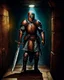 Placeholder: A frightening castle dungeon hallway with an knight warrior in rusty chainmail holding a zweihander painterly rpg art