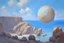 Placeholder: Planet in the sky, light blue sky, rocks, cliffs, impressionism paintings