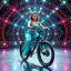 Placeholder: a very beautiful lady with makeup and bub hair, wearing a pretty blue-green sports pants an top, shows her performance driving a circus single Wheel Bike in a modern stage with metallic fractal recursive structures that animate, and dynamic color lights.camera zoom to full body all time
