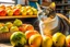 Placeholder: cute contented cat is shopping in a foodstore in sunshine. Food, fruits