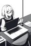 Placeholder: hacker girl with glasses use a laptop sitting in a cafe, line arts, greyscale