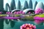 Placeholder: Futuristic city, people, pond, flowers