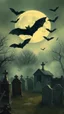 Placeholder: vintage style painting of an old grave yard with bats hovering above the graves with foggy an aerial view