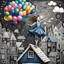 Placeholder: A girl in a blue dress standing tippy toe on the roof of building in chalk-drawn cityscape on a black board, holding a bunch of colorful primary colored balloons.She is standing on the roof of one of the houses, She appears carefree, soaring amidst the whimsical, artistic backdrop of houses.