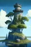 Placeholder: stone three-story tower with an observation room at the top, with a one-story room on one side, on a large grass-covered island, in a lake, surrounded by trees, with a blue sky