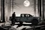 Placeholder: pickup truck, rear, forest, standing, silhouette, comic book,post-apocalypse, gray background, night time, cabin, tree branches,