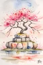 Placeholder: Japanese style watercolor of a Japanese garden, moss-covered stones, a delicate cherry blossom tree in bloom, realistic tones