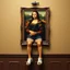 Placeholder: A painting of Mona Lisa on the wall, the frame with shorts and Crocs attached to her human legs