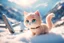 Placeholder: cute chibi anime frightened cat, crashed airplane in the snowy mountains in sunshine, ethereal, cinematic postprocessing, bokeh, dof