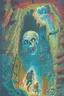 Placeholder: ,Digital illustration of horror genre comic book cover from the 1980s, giant larger than life skeleton picks up tiny humans as they try to run away from inside the cave, macabre, gorey, 1970 illustration art style, absurdist, conye.color pencils, ink, counter culture, dystopian, retro futuris. 90s riot girl look, punk aesthetics, collage, psychedelic, grime, textured, mixed media with a british pop culture influence, maximalism, feminist icon,