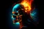 Placeholder: fire iron-bronze-crystal head skull tattooed nature-witch girl with long hair and smoked background elemental flames lightning lights luminance colourful futuristic steampunk