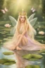 Placeholder: Frog sitting, Fairy Princess, long blonde hair,long golden hair, Fairy crown, Frog ,fairy, fairy wings, sparkle,waterlilies,flawless feet,flawless feet