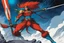 Placeholder: (in the style of Orion, by Masamune Shirow) Subject & Action: A tall and slender red Fuzzum, with deep-seated, wise eyes and an intense, focused expression, poised as if on the edge of a great throw. He grips a long, bone-handled javelin with bands of cosmic turquoise and deep orange, his feathered hands steady and sure. Environment & Setting: The Fuzzum stands upon the desolate, yet vibrant, terrain of Dandelo. The background is a dense forest of iridescent fungi and towering, crystal-like plan