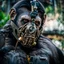 Placeholder: Cyborg, Ape, Primate, hominid, breathing device, respirator, solarpunk, Dystopian, Alberta, all-natural, in the style of candid, Fuji Film, Anamorphic lens