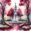 Placeholder: Watercolor burgundy gothic style nature forest with fountain and trees