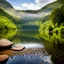 Placeholder: ountry side a calm lake ,a circular heavy plate full of holes over the lake falls to water