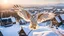 Placeholder: angel's view barn owl seen from the back from the top view flying over a winter small village, snowy landscape, little light, sunrise, some small Hungarian old country houses from above, perspective, high detailed, sharp focuses, photorealistic, cinematic