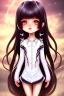 Placeholder: Loli, hands behind back, wholesome, innocent, long black hair, tilted head, brown