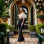 Placeholder: full body closeup shot of young lady in pants an blouse standing in garden of luxury villa posing to camera