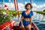 Placeholder: beautiful girl supper model, in nice red top ,blue short pants, with curvy hair,perfect face,perfect eyes,,sitting in a sailing boat ,water with splash,country side wavy narrow river ,wild flowers ,blue sky nice clouds