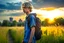 Placeholder: A detailed photo of a pretty fifteen year old boy wearing a backpack standing in a field with an abandoned city skyline in the background, shaggy blond hair, wearing short sleeves and shorts, sunset, tall grass, bright colours, baste landscape, cinematic photography, high resolution, high quality, highly detailed.