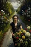 Placeholder: Oil painting expresses a road full of beautiful flowers and around this road thick thorns and at the end of the road stands a very handsome man with black hair oil painting