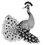 Placeholder: white, A peacock have a two foot white flower decoration, line art, white background, outline, with images neatly contained within the background, just black and white color, full body, no color. Looking front , front view, 8k